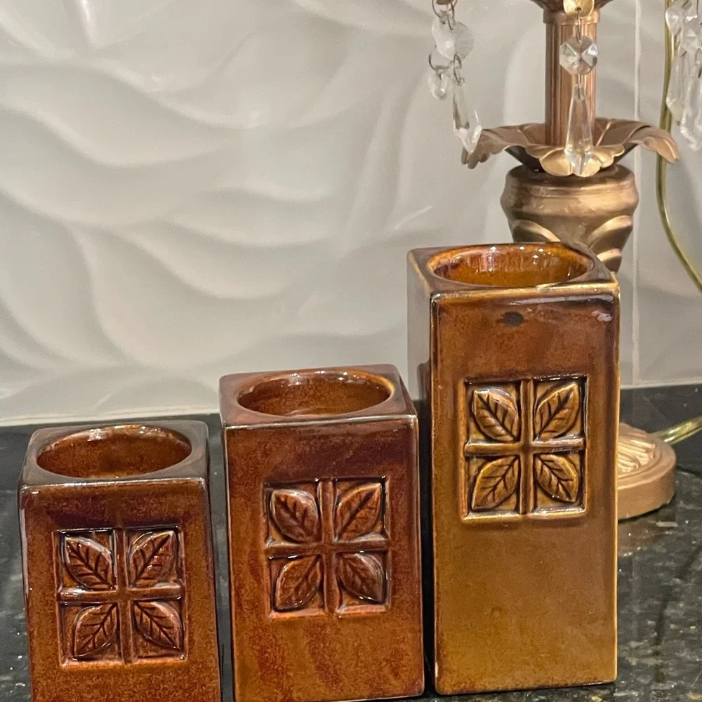 3 Vintage MCM candle holders. Pillar votive candle holders. Glazed ceramic brown